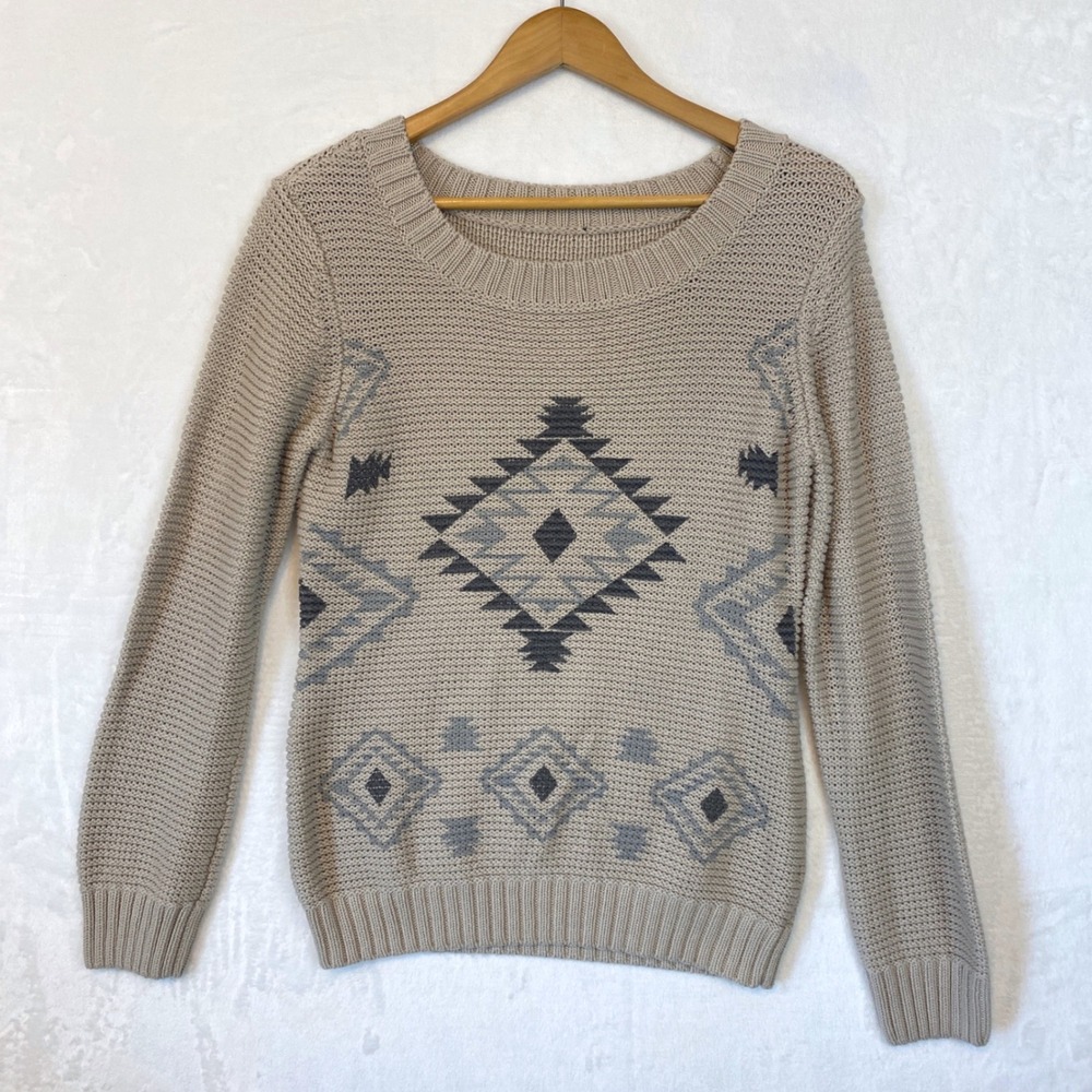 Venus‎ Womens Tan Aztec Tribal Pattern Knit Sweater Long Sleeve Crew Neck Casual